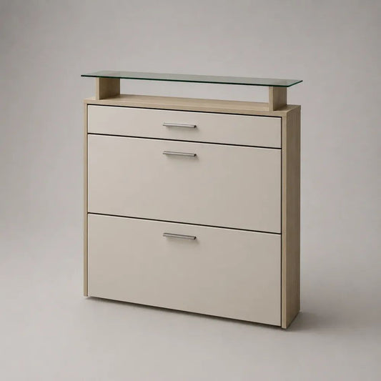 Scarpiera salvaspazio beige con 2 ante a ribalta, cassetto e piano in vetro, 100 x 25 x 105 cm