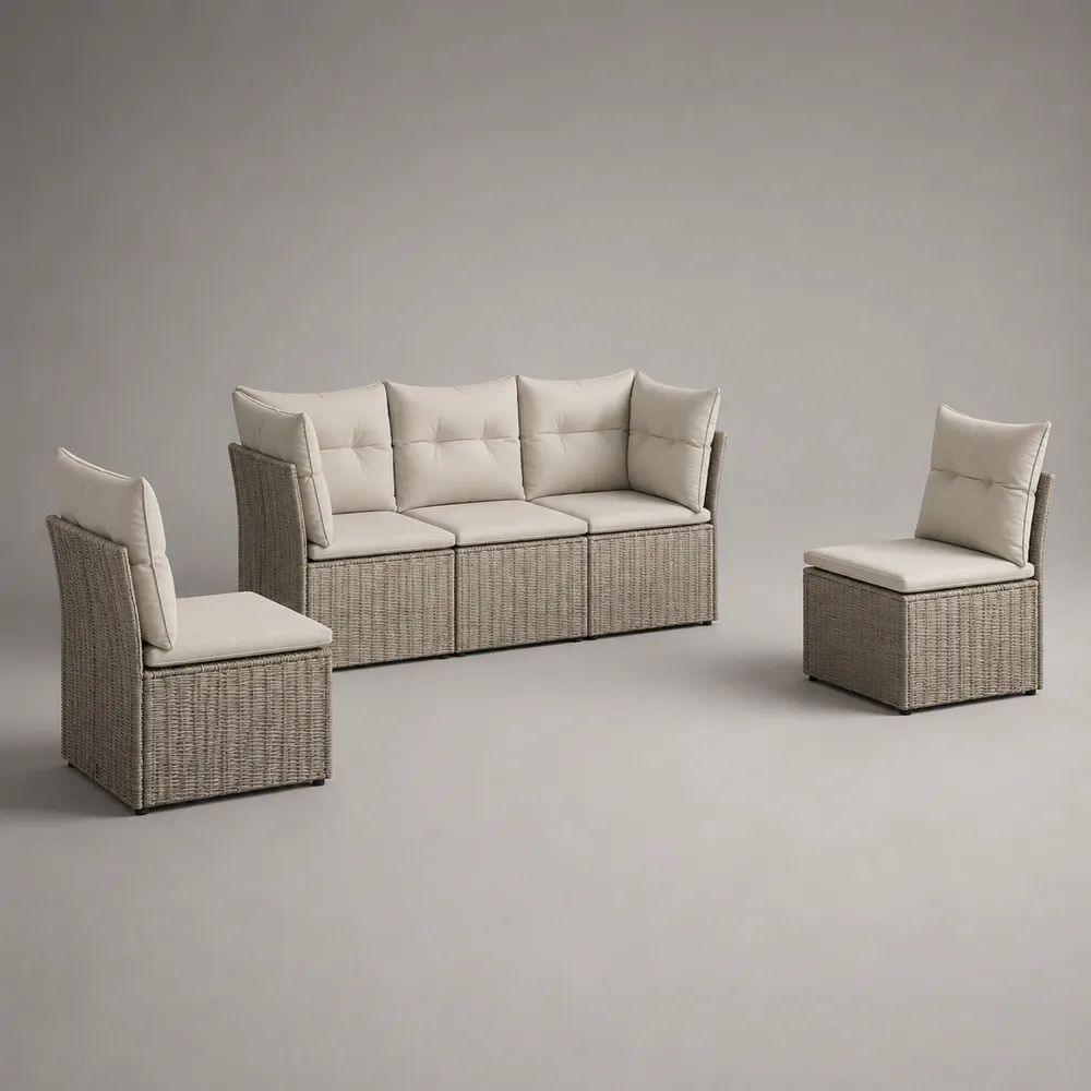 Set divano modulare da esterno 3 pezzi, 5 posti, in polyrattan grigio tortora con cuscini crema, divano 195 x 70 x 82 cm