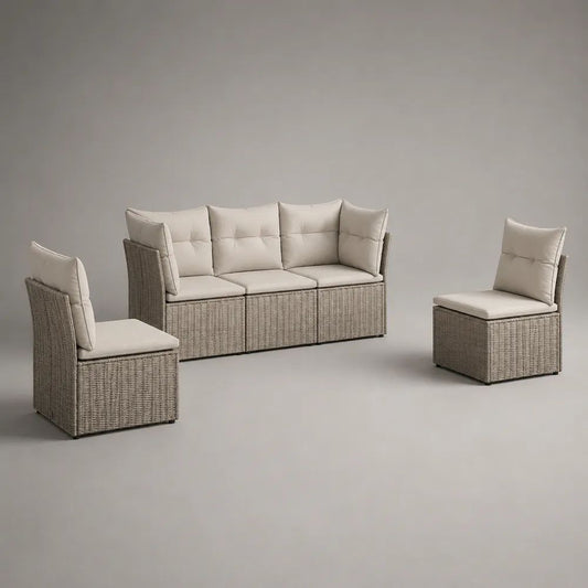 Set divano modulare da esterno 3 pezzi, 5 posti, in polyrattan grigio tortora con cuscini crema, divano 195 x 70 x 82 cm