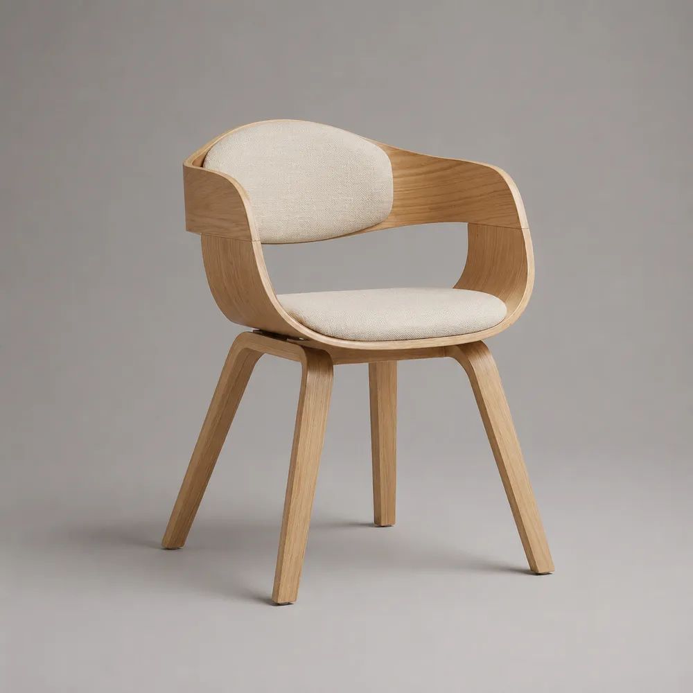 Sedia da pranzo con braccioli e schienale curvo in rovere e tessuto beige, 58 x 55 x 79 cm