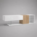 Mobile porta TV rettangolare in legno e vetro, bianco e rovere naturale, 200 x 40 x 60 cm