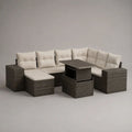 Set da giardino angolare 8 posti in rattan e acciaio grigio antracite con cuscini crema, tavolo rettangolare e 2 pouf, 238 x 180 x 74 cm
