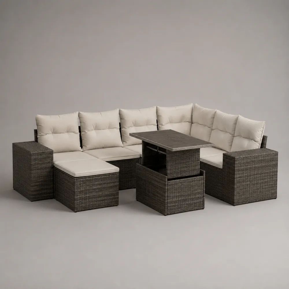 Set da giardino angolare 8 posti in rattan e acciaio grigio antracite con cuscini crema, tavolo rettangolare e 2 pouf, 238 x 180 x 74 cm